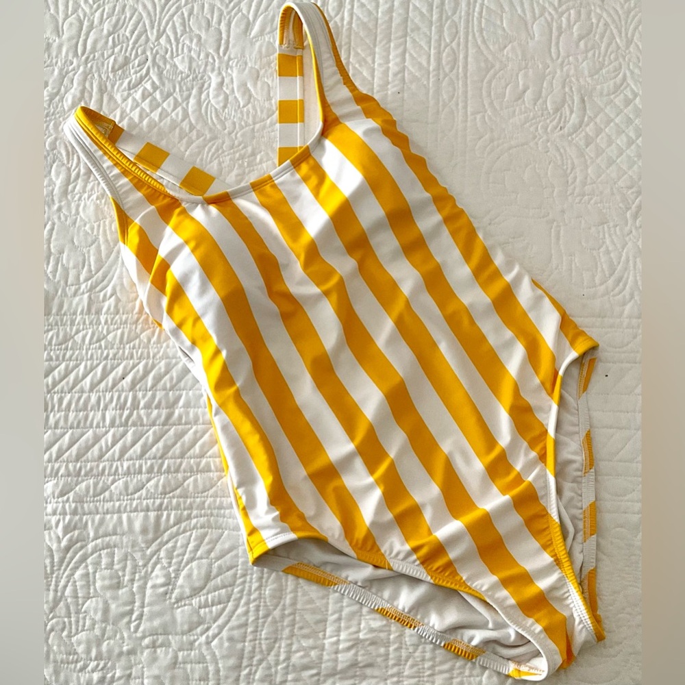 Shade & Shore Yellow and White Striped One Piece Swimsuit Cross Back Large  NWOT